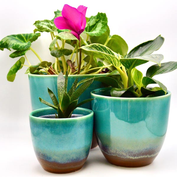 Handmade Stoneware Pottery Planter Pot: Brown & Green Glaze, 3 Sizes