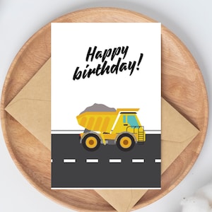 Dump Truck Happy Birthday afdrukbare verjaardagskaart, instant download, vuilniswagen op achterkant, alles over Trucks Verjaardagskaart
