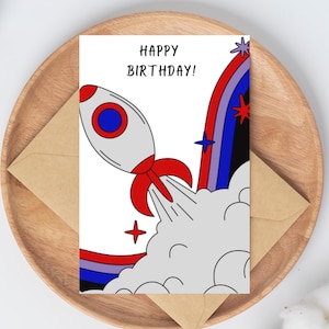 Carte d'anniversaire imprimable espace joyeux anniversaire fusée, téléchargement immédiat