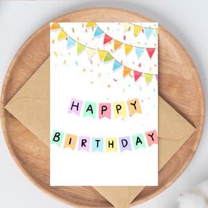 Tarjeta de cumpleaños imprimible con texto "Feliz cumpleaños" y confeti, descarga instantánea