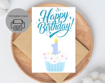 First Birthday Card: Cupcake Print, Boy 1st Birthday (PDF)