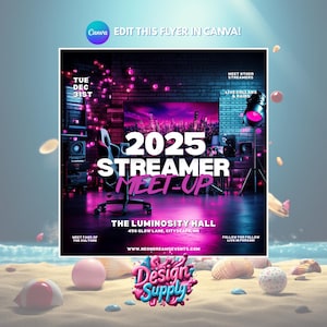 以下が含まれることがあります： 2025年ストリーマーミートアップイベントのプロモーションフライヤー。ネオンライト、都市景観の背景、イベントの詳細を備えた未来的なゲームルームのデザイン。フライヤーには日付、場所、ウェブサイトが含まれています。