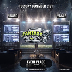 Sjabloon voor een flyer voor een Fantasy Draft Party | Canva-flyer voor een Fantasy Football Draft Night | Poster voor een sportcaféfeest | Bewerkbare uitnodiging voor een sportevenement