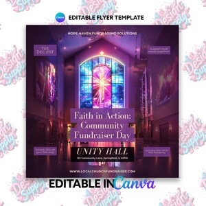 以下が含まれることがあります： ユニティホール（123 Community Lane, Springfield, IL 62701）で開催されるコミュニティファンドレイザーイベント「信仰の実践：コミュニティファンドレイザーデー」のフライヤー。フライヤーには、十字架が描かれたステンドグラスの窓と紫色の背景が描かれています。イベントは12月31日（火）に開催されます。フライヤーには、ウェブサイトwww.localchurchfundraiser.comも記載されています。