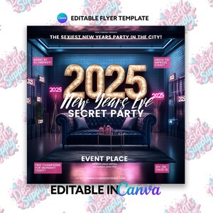 New Year&#39;s Eve Secret Party 2025 Flyer: Editable Canva Template
