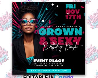 Grown & Sexy Birthday Bash Flyer Template | Adult Birthday Party Invitation | Editable Canva Club Design | Instagram Post Download