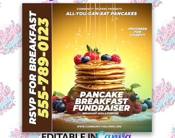 May include: A flyer for a pancake breakfast fundraiser. The flyer is yellow with a stack of pancakes drizzled with syrup and topped with blueberries and raspberries. The text on the flyer reads "Community Helpers Presents All-You-Can-Eat Pancakes" and "Pancake Breakfast Fundraiser".