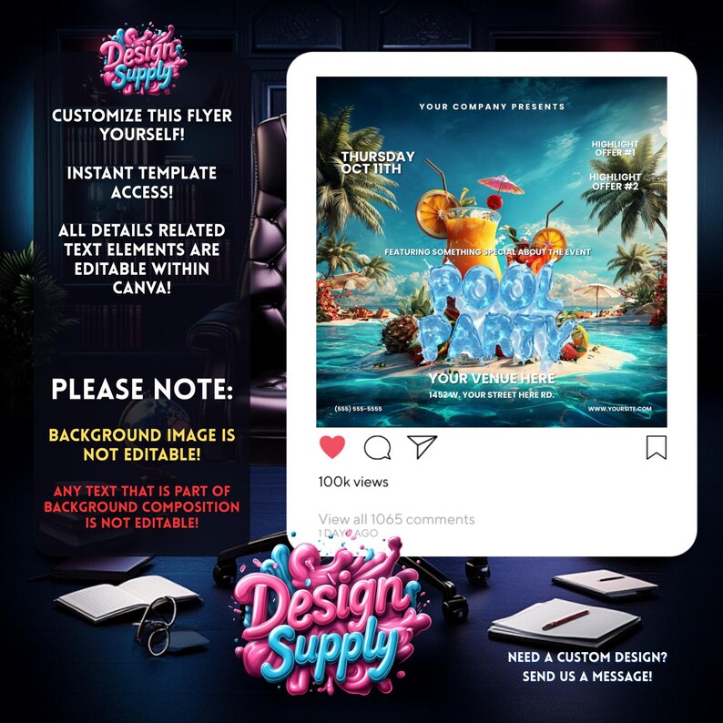 Pool Party Flyer Template | Summer Flyer | Flyer para Playa | Summer Party Flyers | Outdoor Party Flyer | Tropical Party Flyer image 3