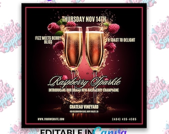 May include: A flyer advertising a new raspberry champagne called "Raspberry Sparkle" from Chateau Vineyard. The flyer features two glasses of champagne with raspberries and a red background. The text "Thursday Nov 14th" is at the top of the flyer. The text "Introducing our brand new raspberry champagne" is below the glasses. The text "Chateau Vineyard" is below the text "Raspberry Sparkle". The text "456 Celebration Blvd, Napa Valley, CA" is below the text "Chateau Vineyard". The text "www.yourwebsite.com" is at the bottom left of the flyer. The text "(484) 435-4585" is at the bottom right of the flyer.