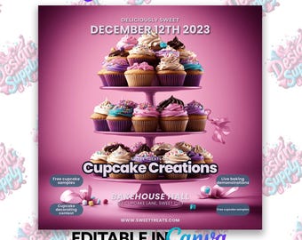 May include: A pink flyer for "Cupcake Creations" featuring a three-tiered cupcake stand with various frosted cupcakes. The flyer includes the date "December 12th 2023" and the text "Deliciously Sweet". It also mentions "Free cupcake samples" and "Cupcake decorating contest".