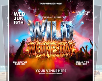 Może przedstawiać: Ulotka promocyjna na wydarzenia "Wild Wednesday". Projekt zawiera tekst "Wild Wednesday" pogrubioną, metaliczną czcionką z efektami błyskawic. Ulotka zawiera datę "WED JUN 15TH" oraz miejsce na szczegóły dotyczące miejsca i najważniejszych wydarzeń. Tło ma żywą, energetyczną kolorystykę.