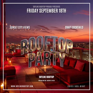 Peut inclure: Un flyer numérique pour une soirée sur le toit au Skyline Rooftop le vendredi 18 septembre. L'image montre un coucher de soleil sur la ville, des canapés d'extérieur rouges, une table basse en verre et des guirlandes lumineuses. Texte inclus.