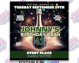 May include: A green and gold birthday party invitation featuring a champagne bottle and the text "Johnny's Birthday Bash 42". The invitation includes the date, time, and location of the event.