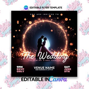 May include: A wedding invitation flyer with a silhouette of a couple in front of a glowing circle of light. The text reads "You are invited to The Wedding, The New Mr. & Mrs. Dawson, 9PM RSVP Only, Venue Name 1838 Married St, City St, Sat June 8th, Editable in Canva".