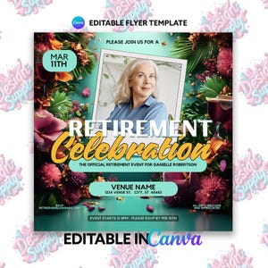 Canva-sjabloon voor tropische pensioenfeestuitnodiging | Bewerkbaar feestontwerp | Vier het in stijl | Instagram-bericht | Bericht op sociale media