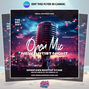 May include: An event flyer for an Open Mic New Artist Night, featuring a large microphone graphic. The flyer has a dark background with city lights and the text "Open Mic" in large white script. Additional text includes event details.