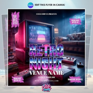 May include: A promotional flyer for a Retro Night event. The design features a retro television, game consoles, and the text "Retro Night" in a vibrant, 80s-inspired font. The flyer includes event details and highlight offers.