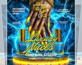 May include: A promotional image for a nail salon. It features a hand with long, yellow nails and gold jewelry. The text reads "Luxury Nails" and "Chic Nail Studio." Additional text includes "December Bookings Open!" and "$40 Full Set Specials."