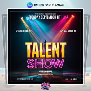 May include: A promotional flyer for a talent show, featuring the text "TALENT SHOW" in large, illuminated letters. The flyer includes the date "TUESDAY SEPTEMBER 11TH", venue details, and contact information. The design incorporates stage lighting effects with blue, red, and yellow spotlights.