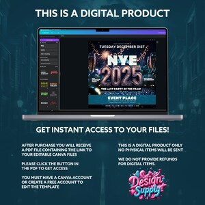 May include: A digital product for a New Year's Eve party flyer template. The flyer is designed in Canva and features a glittery gold and black design with the text "NYE 2025" and "The Last Party of the Year!" The flyer also includes the text "Tuesday December 31st" and "Event Place".