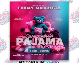 Pink & Blue Bears Pajama Party Invitation: Editable Canva Template (Digital Download)