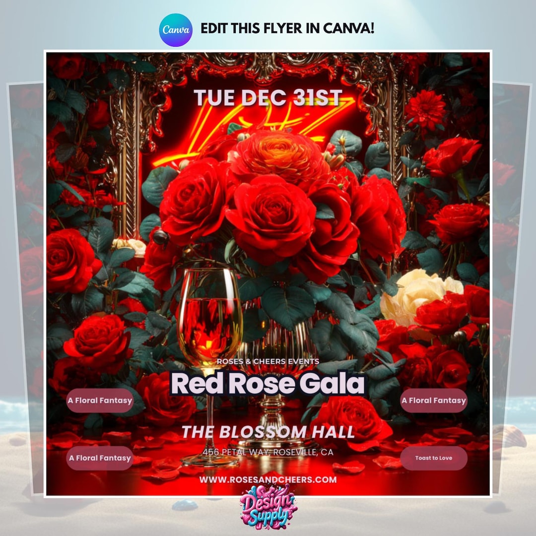 Red Rose Gala Flyer Template: Elegant Floral Canva Invitation (editable ...