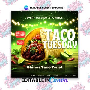 Taco Tuesday Flyer Template | Editable Canva Design for Taco Night | Mexican Food Event Promotional Flyer | Restaurant Marketing Ad