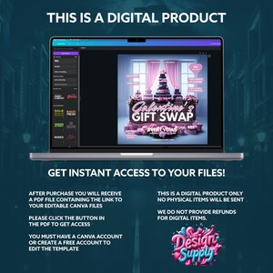 May include: A digital product for a Galentine's Gift Swap event. The design features a pink and white cake with a pink and white striped tablecloth. The text "Galentine's Gift Swap" is in a pink and white font. The event venue is listed as "Your Website Here.com".