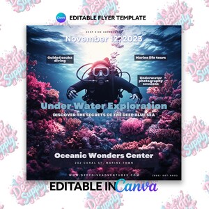 Op de afbeelding: Een flyer die onderwaterverkenningen adverteert met de tekst "Under Water Exploration" en "Discover the secrets of the deep blue sea". De flyer bevat ook de tekst "Oceanic Wonders Center", "202 Coral St, Marine Town", "www.deepdiveadventures.com" en "(555) 567-8901". De flyer toont een duiker in de oceaan, omringd door koraalriffen.