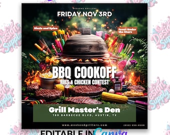 May include: A vibrant flyer for a BBQ Cookoff, featuring a large grill, ribs, and corn on the cob. The text includes "BBQ Cookoff," "Ribs & Chicken Contest," and "Grill Master's Den." The flyer is editable in Canva.