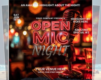 Open Mic Flyer Template | Neon Retro Club Poster | Instagram Post Printable Poster | Bar Promotion Template for Disc Jockeys & Planners
