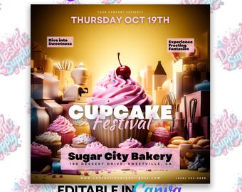 May include: A flyer advertising a cupcake festival at Sugar City Bakery. The flyer features a large pink cupcake with a cherry on top and the text "Cupcake Festival" in bold letters. The flyer also includes the bakery's address and website.