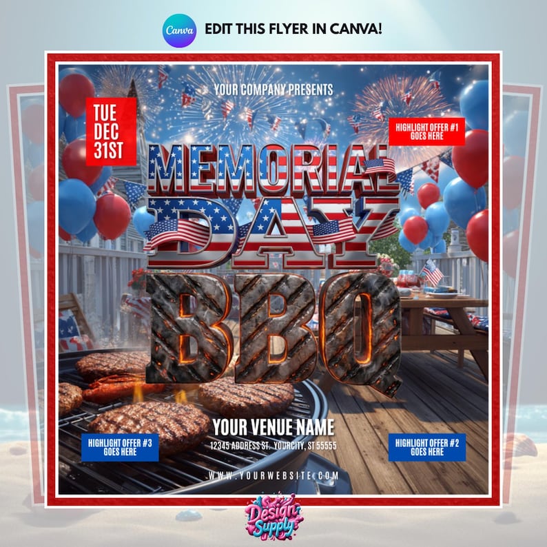 Memorial Day BBQ Flyer Template Patriotic Grill Party Poster