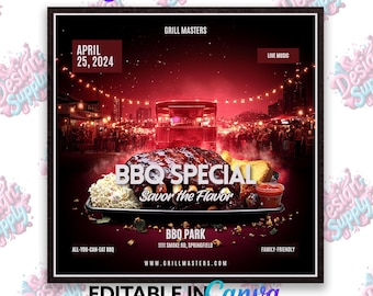 May include: A flyer for a BBQ special event on April 25, 2024. The flyer features a red background with a picture of a large plate of BBQ ribs, coleslaw, and cornbread. The text "BBQ Special" is written in large, white letters. The text "Savor the Flavor" is written in smaller, white letters below the main text. The flyer also includes the text "Grill Masters", "Live Music", "All-You-Can-Eat BBQ", "BBQ Park", "1111 Smoke Rd, Springfield", "www.grillmasters.com", and "Family-Friendly".