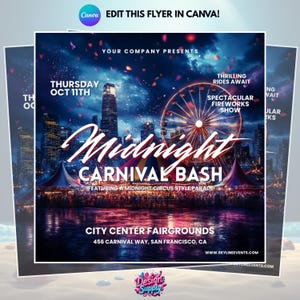 May include: A promotional flyer for the "Midnight Carnival Bash" event. The design features a cityscape with a Ferris wheel, fireworks, and the event's name in large, stylized text. The flyer includes the date, location, and website.