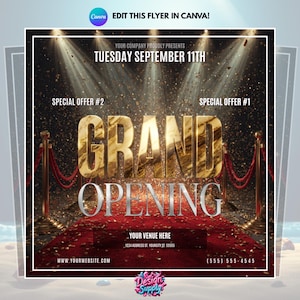 Può includere: Un volantino promozionale per un evento di grande apertura. Il design presenta un testo dorato che recita "GRAND OPENING" su un tappeto rosso. Il volantino include la data "MARTEDÌ 11 SETTEMBRE" e l'indirizzo del sito web.