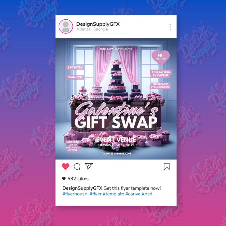 May include: A pink and white flyer for a Galentine's Gift Swap event. The flyer features a table with pink flowers and a tiered cake. The text on the flyer reads "Galentine's Gift Swap" and includes the date, time, and location of the event.