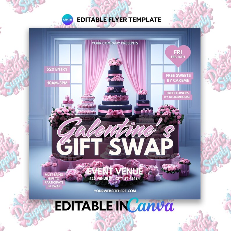 May include: A flyer advertising a Galentine's Gift Swap event. The flyer is pink and black with a large pink heart in the top right corner. The text on the flyer reads "Galentine's Gift Swap" and includes details about the event, such as the date, time, location, and what to bring.