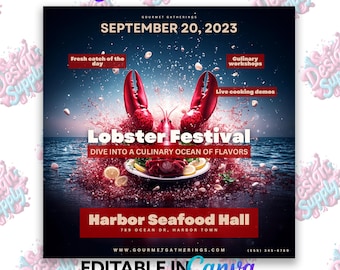 May include: A flyer template for a Lobster Festival, featuring a vibrant image of a lobster with its claws open. The flyer includes the date, September 20, 2023, and mentions culinary workshops and live cooking demos. The text "Harbor Seafood Hall" is also included.
