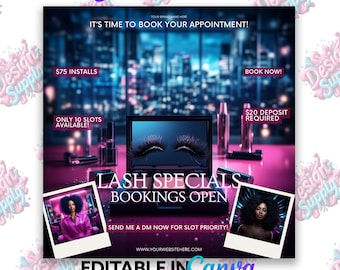 Vorlage für einen Buchungsflyer für Wimpernstudios | Werbung für Wimpernverlängerungen | Bearbeitbares Canva-Design für Beauty-Marketing | Sofort-Download für Instagram