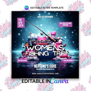 Puede incluir: Un folleto para un viaje de pesca para mujeres el 30 de abril. El folleto presenta una ilustración colorida de equipo de pesca, incluyendo cañas, carretes y cajas de aparejos, flotando en una masa de agua azul. El texto "Womens Fishing Trip" está en letras blancas grandes. El folleto también incluye el texto "Sail into the Pink Horizon" y "Cast Your Dreams".