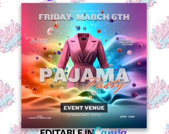 Pajama Party Invitation Flyer: Women's Sleepover, Editable Canva Template (Digital Download)
