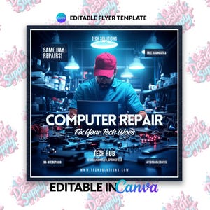 Könnte beinhalten: Ein Flyer, der Computer-Reparaturdienste bewirbt. Der Flyer zeigt einen Techniker, der in einer hell beleuchteten Werkstatt an einem Laptop arbeitet. Der Text auf dem Flyer lautet "Computer Reparatur Beheben Sie Ihre technischen Probleme" und enthält den Firmennamen "Tech Hub" und die Website-Adresse. Der Flyer erwähnt auch Reparaturen am selben Tag, kostenlose Diagnosen und erschwingliche Preise.