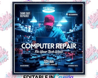 Sjabloon folder voor computerreparatie: bewerkbare technische serviceadvertentie (canva)