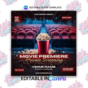 Puede incluir: Un folleto de estreno de película con un esquema de color rojo y azul. El folleto presenta un cubo de palomitas rojo con palomitas derramándose, un cine con asientos rojos y el texto "Estreno de película Proyección privada".
