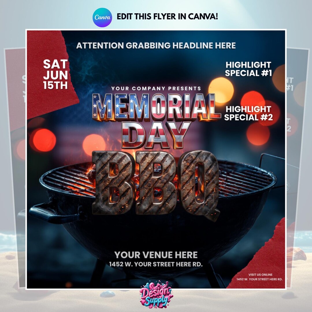 Memorial Day BBQ Flyer Canva Editable Template Instant Download - Etsy