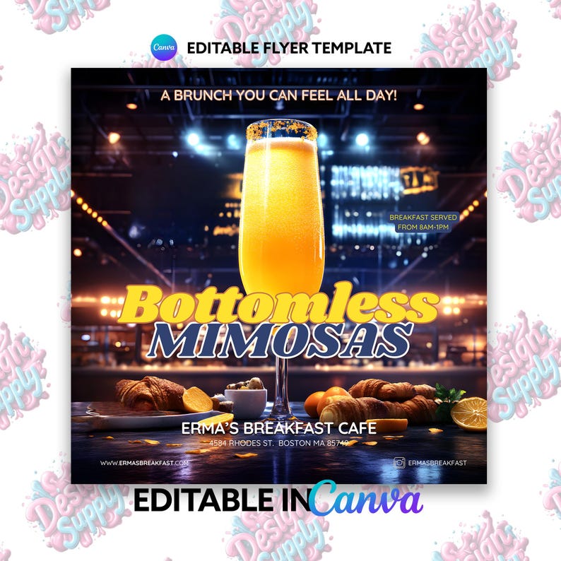 Brunch Flyer Vorlage | Brunch Mimosa Flyer | Mimosa Brunch Party Flyer Canva | Brunch und Mimosas Mottoparty einladen | Bearbeitbare Leinwand Bild 1