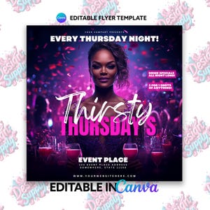 Può includere: Un volantino che pubblicizza un evento "Thirsty Thursdays" con una donna in un abito scintillante su uno sfondo rosa. Il volantino include il testo "Drink Specials All Night Long!" e "2 for 1 Shots of Anything!"