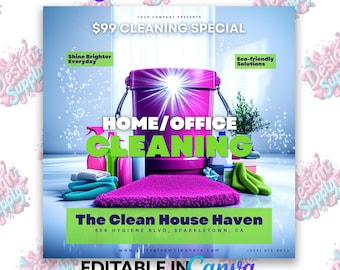 May include: A flyer advertising a $99 cleaning special for home or office cleaning services. The flyer features a pink bucket with cleaning supplies and the text "Shine Brighter Everyday" and "Eco-friendly Solutions". The flyer also includes the business name "The Clean House Haven" and contact information.