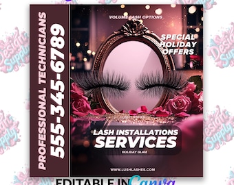 May include: A pink and brown flyer with a gold framed mirror reflecting a pair of eyelashes. The flyer advertises lash installation services with the text "Lash Installations Services" and "Special Holiday Offers". The phone number 555-345-6789 is listed on the left side of the flyer.